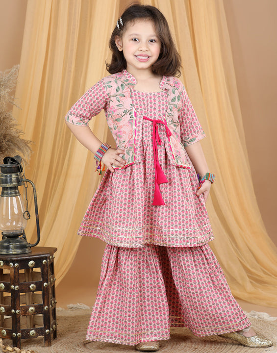 Pink Floral Printed Lace Detailed Kurta and Sharara