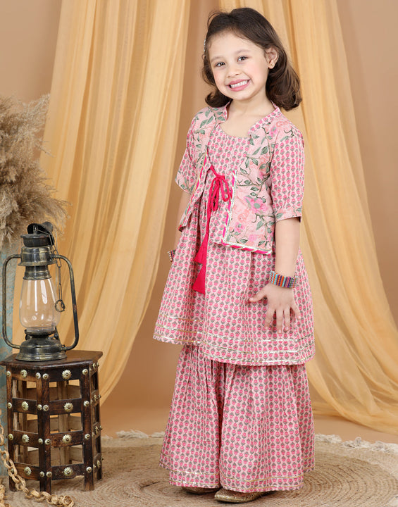 Pink Floral Printed Lace Detailed Kurta and Sharara