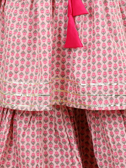 Pink Floral Printed Lace Detailed Kurta and Sharara