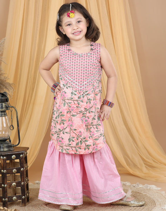 Pink Floral Motif Printed Gota Patti Detailed Kurta Sharara With Dupatta