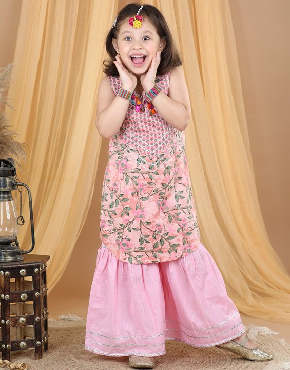 Pink Floral Motif Printed Gota Patti Detailed Kurta Sharara With Dupatta