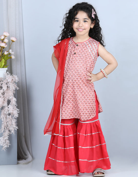 Pink Floral Motif Printed Kurti With Sharara And Dupatta