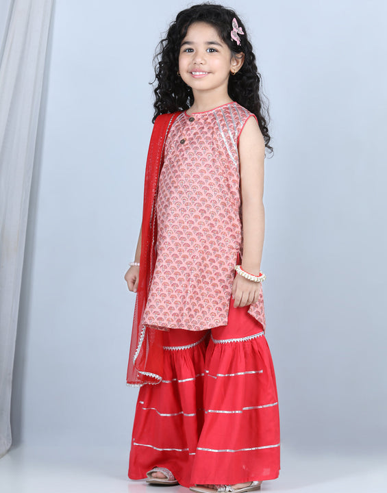 Pink Floral Motif Printed Kurti With Sharara And Dupatta
