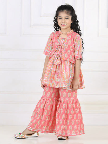 Ethnic Motif Printed Lace Detailed Jacket Styled Kurta & Sharara Set