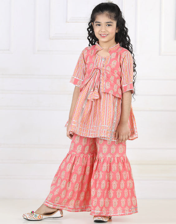Ethnic Motif Printed Lace Detailed Jacket Styled Kurta & Sharara Set
