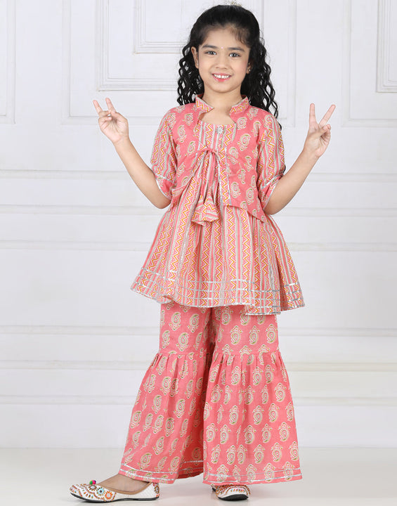 Ethnic Motif Printed Lace Detailed Jacket Styled Kurta & Sharara Set