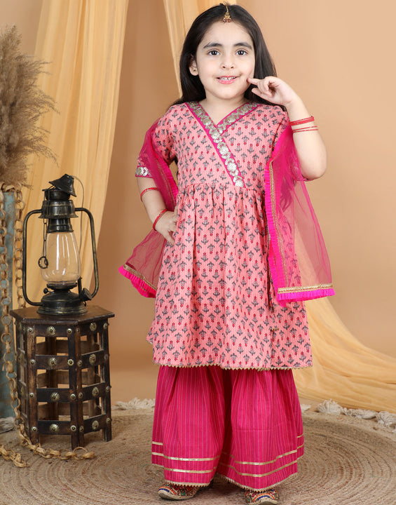 Pink Floral Printed Kurti Sharara & Dupatta