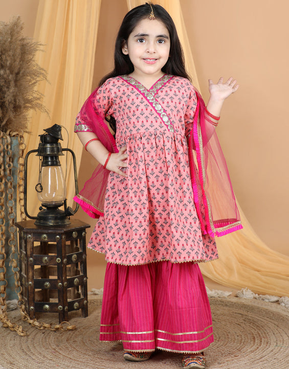 Pink Floral Printed Kurti Sharara & Dupatta