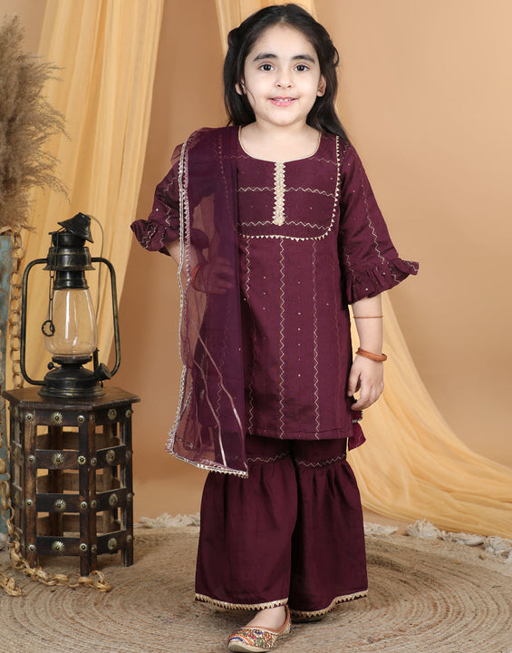 Purple Sequin & Gota Lace Embellished Weaved Kurta With Sharara & Dupatta