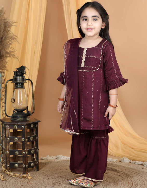 Purple Sequin & Gota Lace Embellished Weaved Kurta With Sharara & Dupatta
