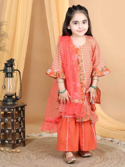 Orange Printed Asymmetrical Hem Kurta With Gota Lace Embellished Sharara & Dupatta