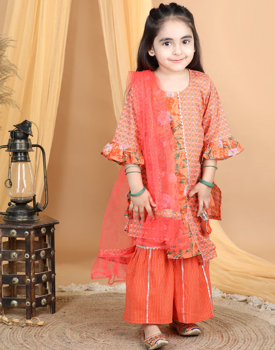 Orange Printed Asymmetrical Hem Kurta With Gota Lace Embellished Sharara & Dupatta