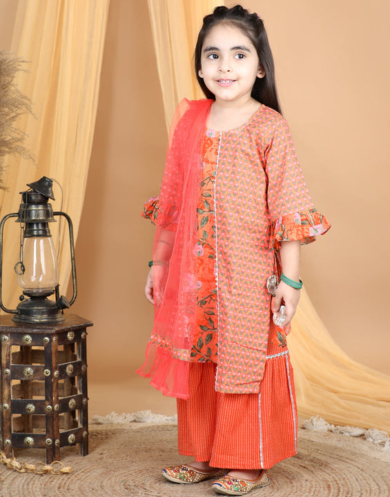 Orange Printed Asymmetrical Hem Kurta With Gota Lace Embellished Sharara & Dupatta