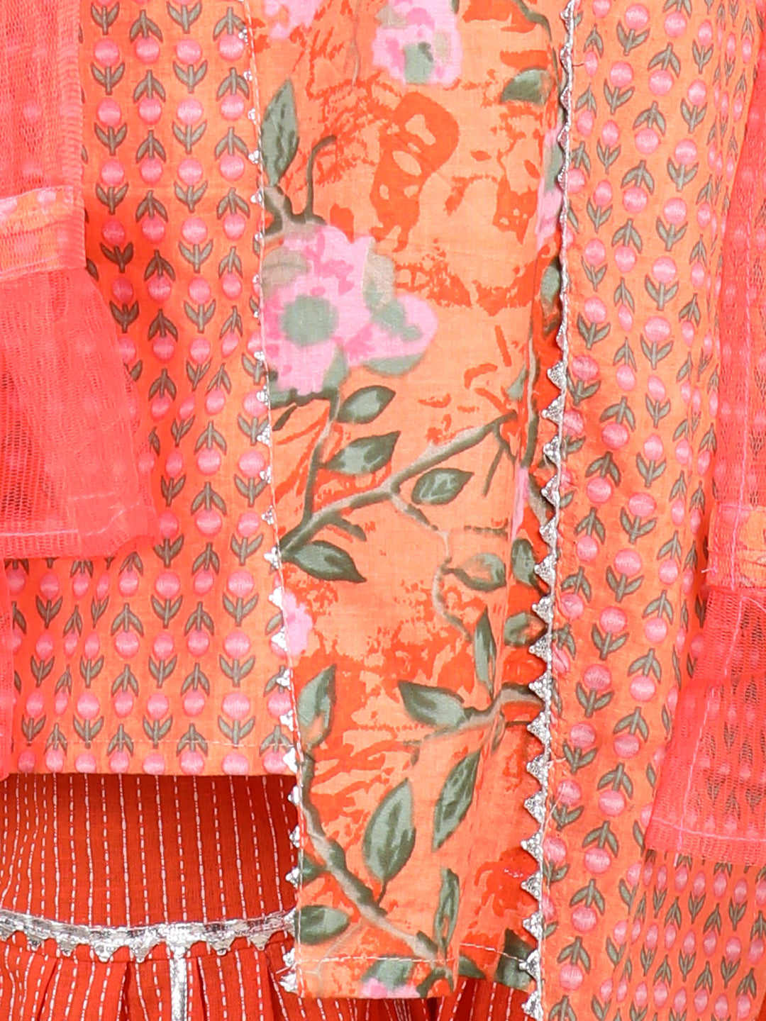 Orange Printed Asymmetrical Hem Kurta With Gota Lace Embellished Sharara & Dupatta