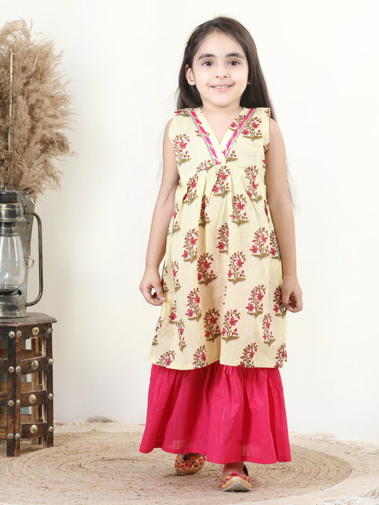 Yellow Cotton Lurex Print Kurti with Lace Detailing & Solid Colour Sharara