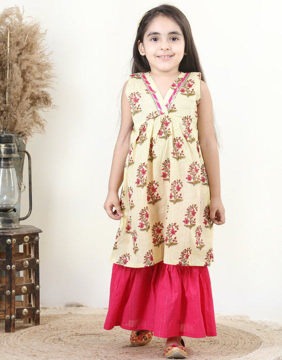 Yellow Cotton Lurex Print Kurti with Lace Detailing & Solid Colour Sharara