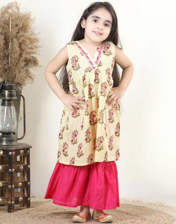 Yellow Cotton Lurex Print Kurti with Lace Detailing & Solid Colour Sharara