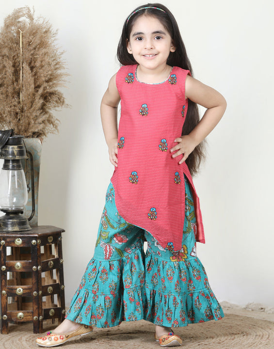 Peach Embroidered Katha Kurta & Floral Print Flared Sharara