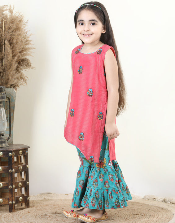 Peach Embroidered Katha Kurta & Floral Print Flared Sharara
