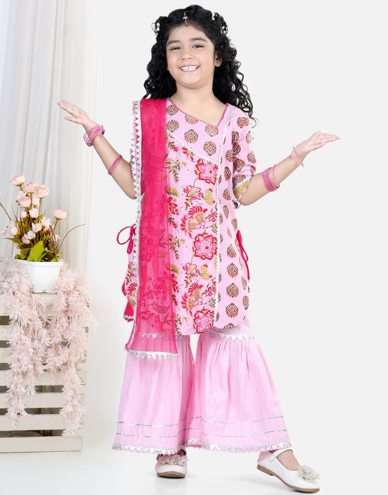 Pink Floral Print Lace Embellished Kurti With Sharara And Dupatta