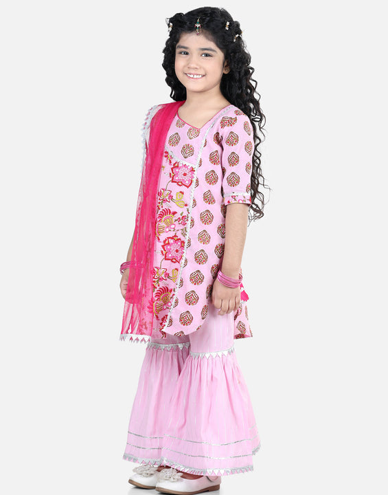 Pink Floral Print Lace Embellished Kurti With Sharara And Dupatta