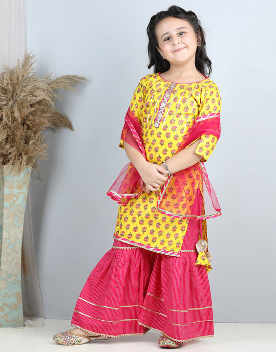 Yellow Printed kurti with Pink sharara with dupatta