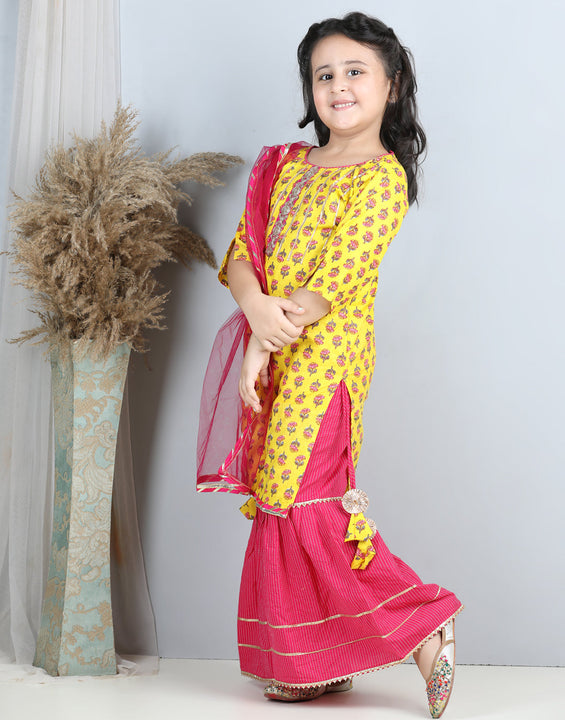 Yellow Printed kurti with Pink sharara with dupatta