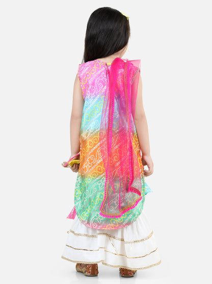 Bandhej Designed Colour Gradient Kurta With Gota Lace Embellished Sharara & Dupatta