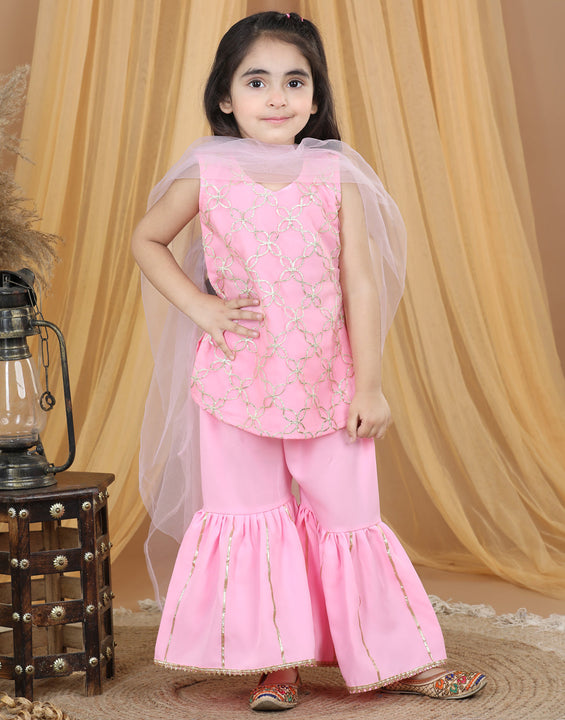 Pink Net Gota Patti Detailed Kurta Sharara With Dupatta