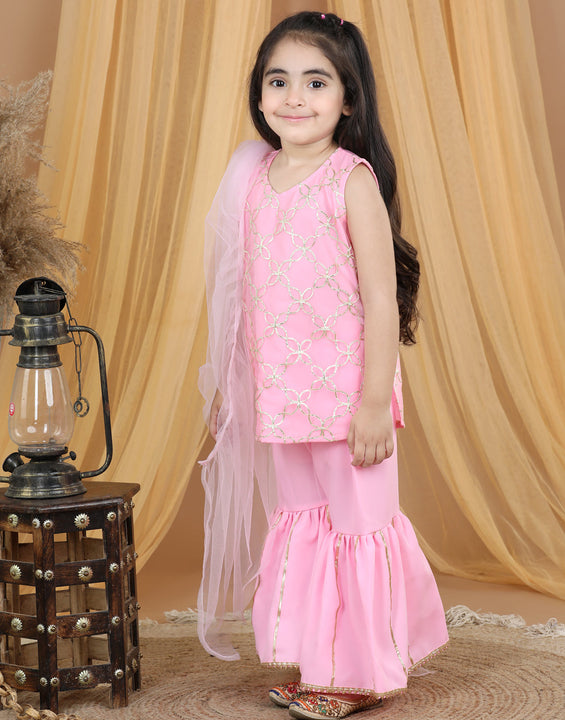 Pink Net Gota Patti Detailed Kurta Sharara With Dupatta