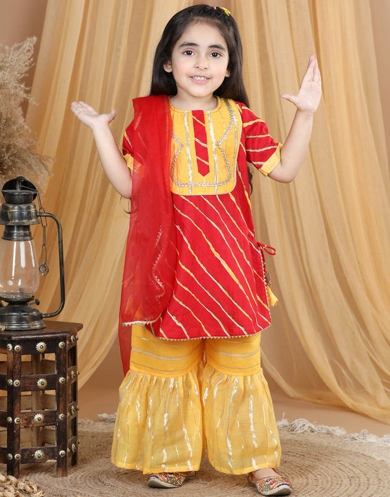 Red Leheriya Printed Lace Detailed Kurta with Sharara and dupatta