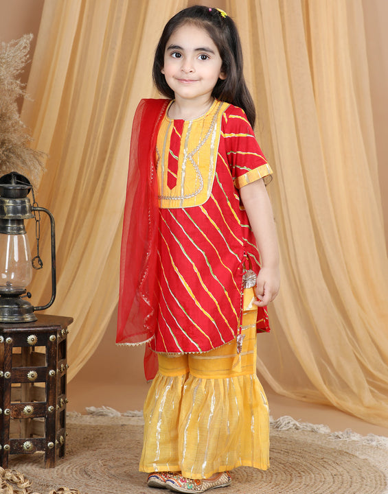 Red Leheriya Printed Lace Detailed Kurta with Sharara and dupatta