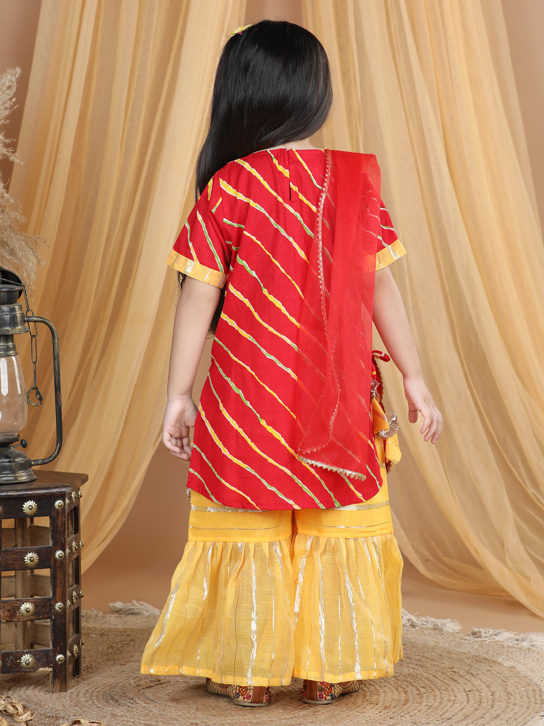 Red Leheriya Printed Lace Detailed Kurta with Sharara and dupatta