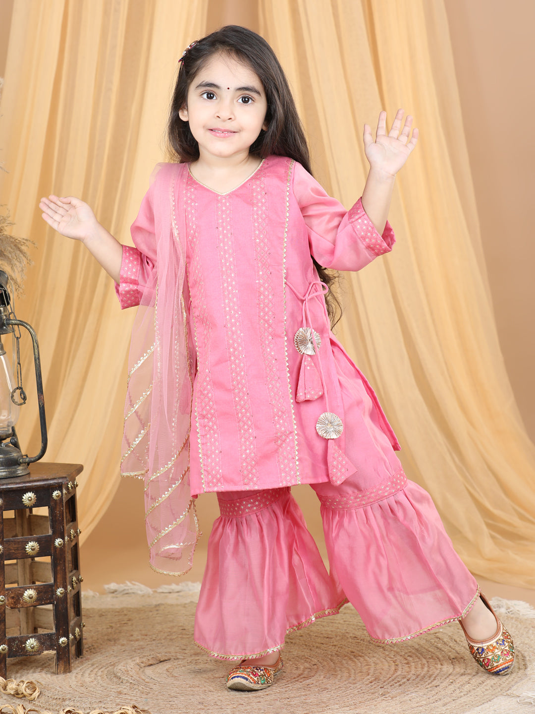 Pink Embellished Embroidered Side Tie Up Kurta With Sharara & Dupatta