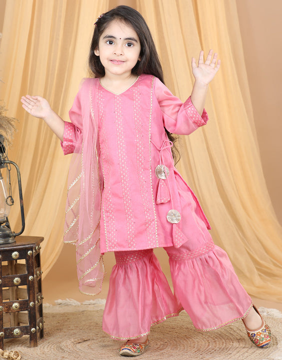 Pink Embellished Embroidered Side Tie Up Kurta With Sharara & Dupatta
