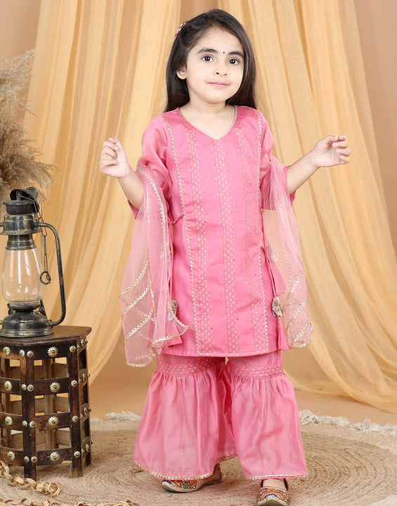 Pink Embellished Embroidered Side Tie Up Kurta With Sharara & Dupatta
