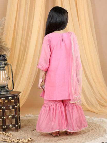 Pink Embellished Embroidered Side Tie Up Kurta With Sharara & Dupatta