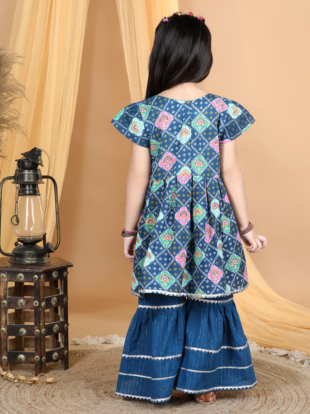 Bandhej Printed Angrakha Style Kurta With Lurex Striped Gota Lace Embellished Sharara