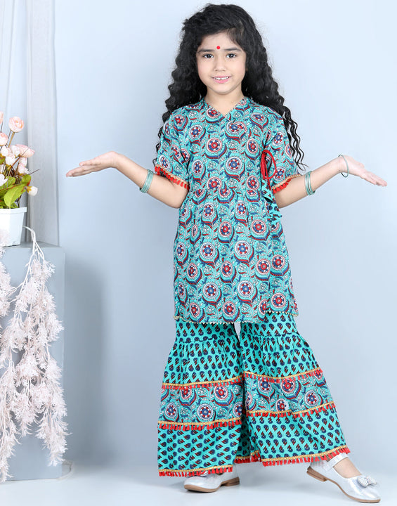 Floral Printed Kurti With Layered Floral Motif Printed Sharara