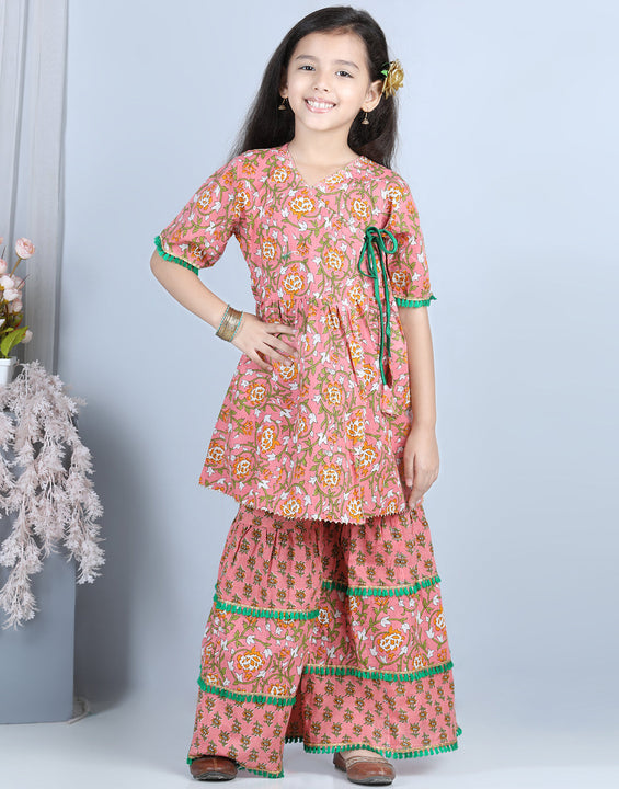 Peach Floral Printed Kurti With Layered Floral Motif Printed Sharara