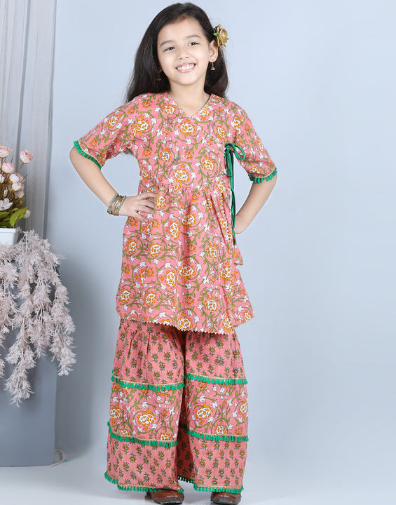 Peach Floral Printed Kurti With Layered Floral Motif Printed Sharara